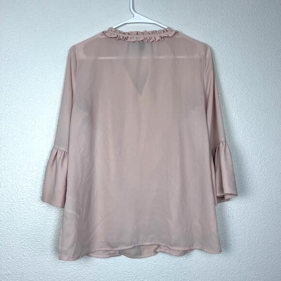 Karl Lagerfeld Paris Blush Pink Ruffle Tie Neck Blouse Bell Sleeve Top Blouse S - Picture 2 of 5